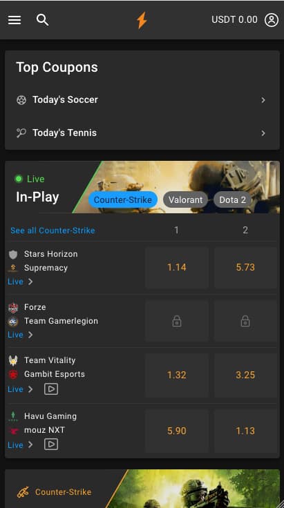 screenshot of the mobile version of Cloudbet sportsbook lobby